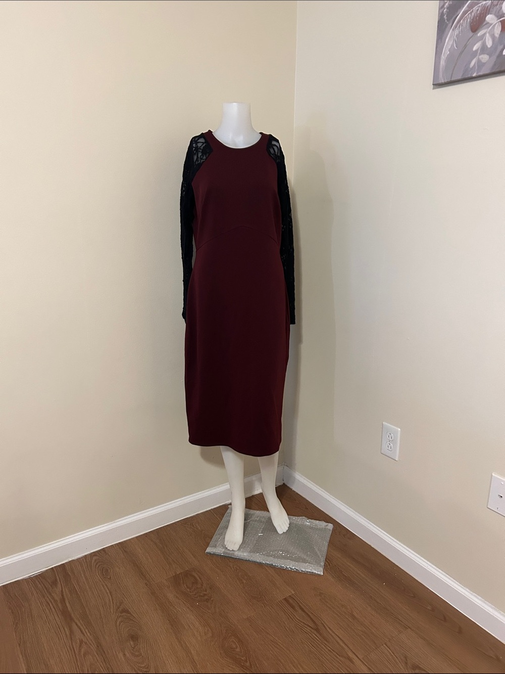 Worthington Burgundy Sheath Dress with Black Lace Sleeves